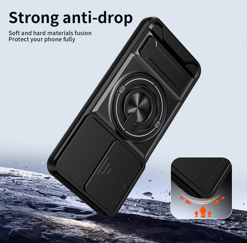 Luxury Slide Camera Lens Cover Case for Honor X8A 4G, Built-in Ring Stand and Folding Stand Magnetic Protective Case