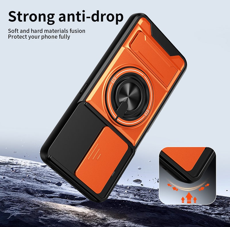 Luxury Slide Camera Lens Cover Case for Honor X8D, Built-in Ring Stand and Folding Stand Magnetic Protective Case
