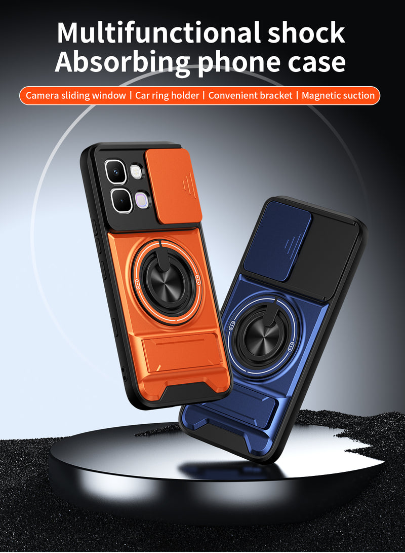 Luxury Slide Camera Lens Cover Case for Infinix Note Edge 5G, Built-in Ring Stand and Folding Stand Magnetic Protective Case