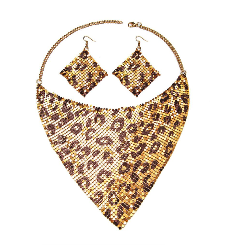 Fashion Leopard Print Jewelry Set Bib Necklace & Dangle Earrings Set