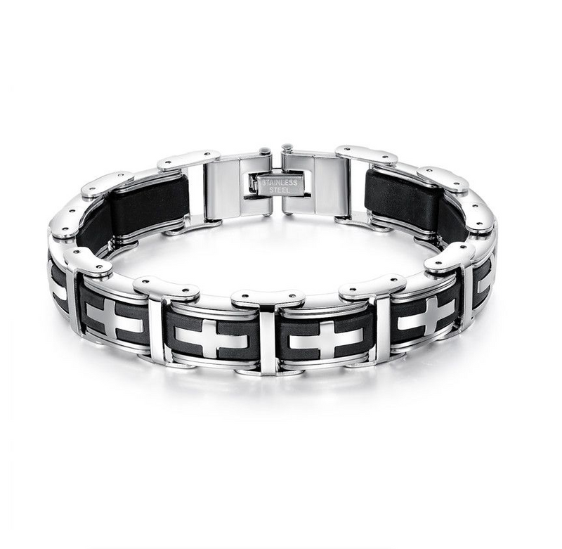 Stainless Steel Cross Symbol Charm Bracelet Men Top Quality Black Rubber