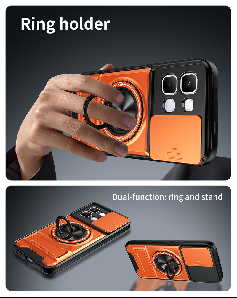 Luxury Slide Camera Lens Cover Case for Infinix Note Edge 5G, Built-in Ring Stand and Folding Stand Magnetic Protective Case