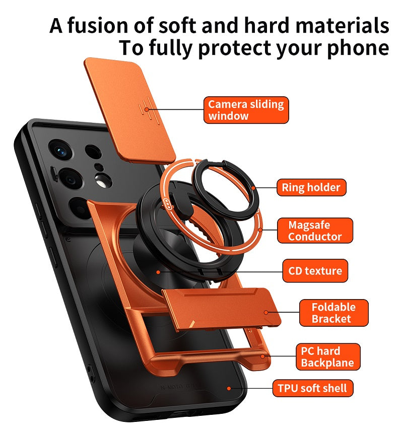 Luxury Slide Camera Lens Cover Case for Tecno Camon 50 4G, Built-in Ring Stand and Folding Stand Magnetic Protective Case