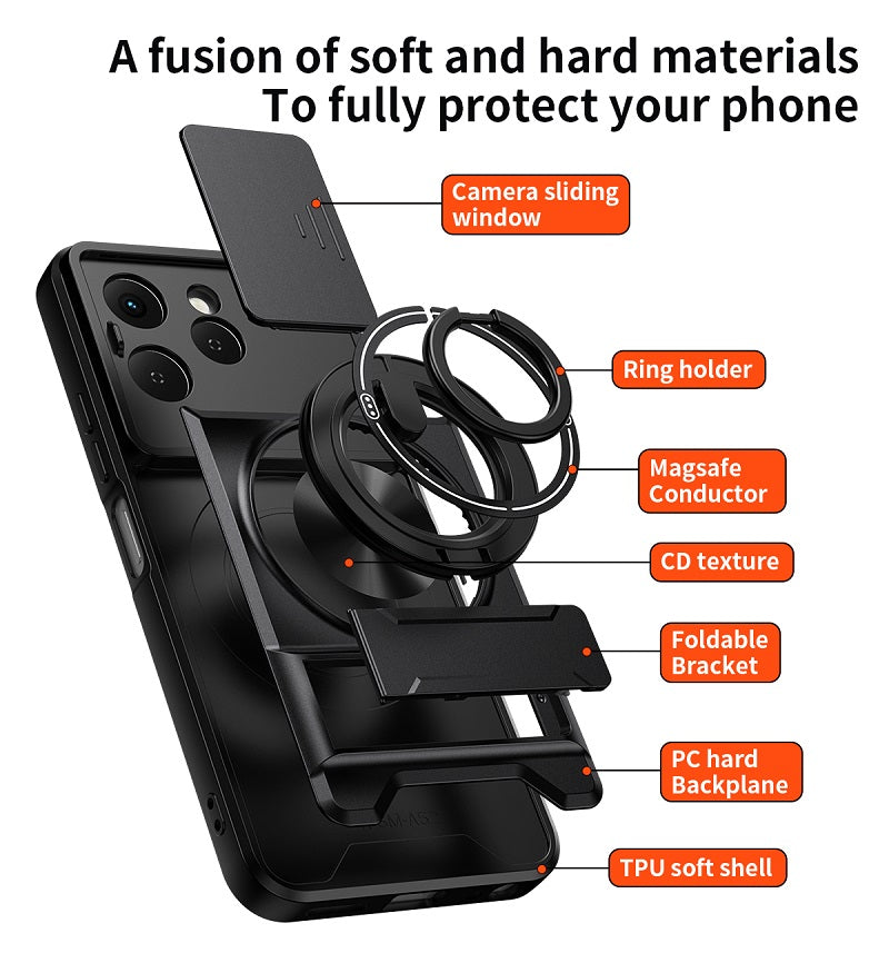 Luxury Slide Camera Lens Cover Case for Tecno Spark 40 4G, Built-in Ring Stand and Folding Stand Magnetic Protective Case