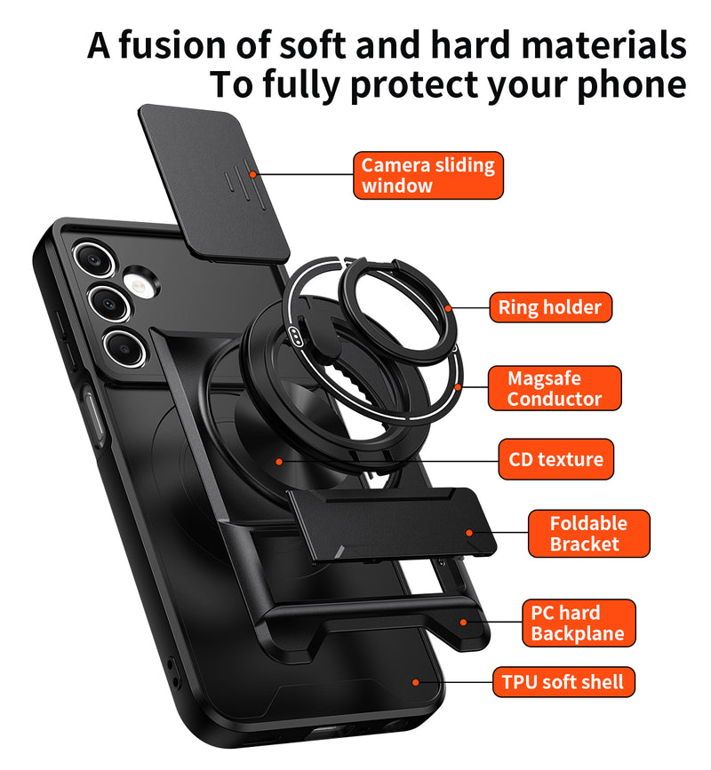 Luxury Slide Camera Lens Cover Case for Samsung Galaxy A25 5G, Built-in Ring Stand and Folding Stand Magnetic Protective Case