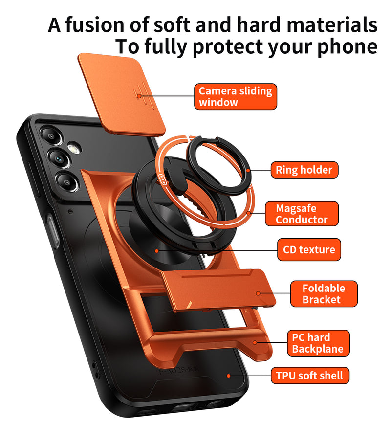Luxury Slide Camera Lens Cover Case for Samsung Galaxy A14 5G/4G, Built-in Ring Stand and Folding Stand Magnetic Protective Case
