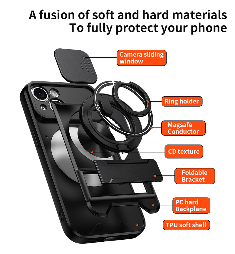 Luxury Slide Camera Lens Cover Case for iPhone 15, Built-in Ring Stand and Folding Stand Magnetic Protective Case