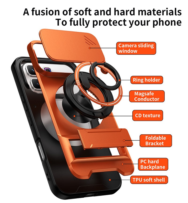 Luxury Slide Camera Lens Cover Case for Infinix Note 60 Pro 5G, Built-in Ring Stand and Folding Stand Magnetic Protective Case