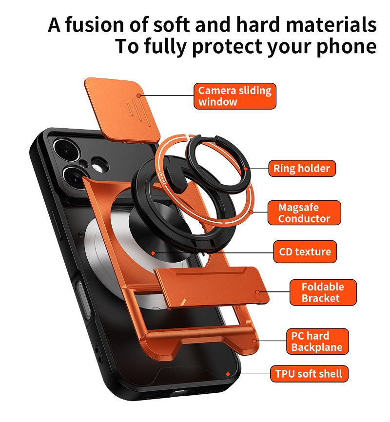 Luxury Slide Camera Lens Cover Case for iPhone 17, Built-in Ring Stand and Folding Stand Magnetic Protective Case