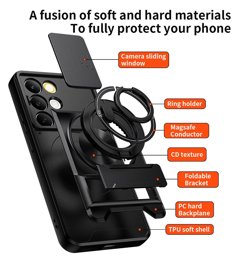 Luxury Slide Camera Lens Cover Case for OPPO Realme C85 Pro 5G, Built-in Ring Stand and Folding Stand Magnetic Protective Case