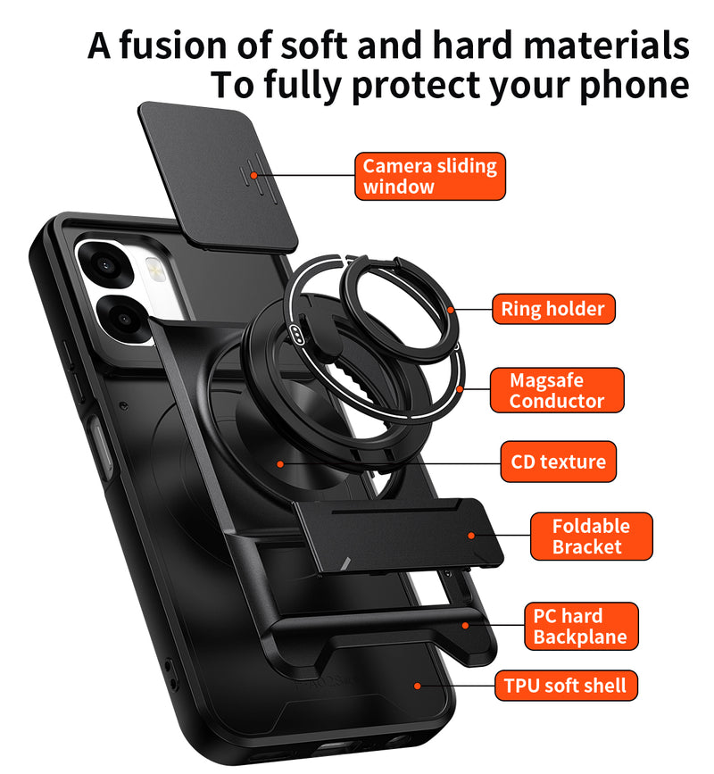 Luxury Slide Camera Lens Cover Case for OPPO A6X 5G/4G, Built-in Ring Stand and Folding Stand Magnetic Protective Case