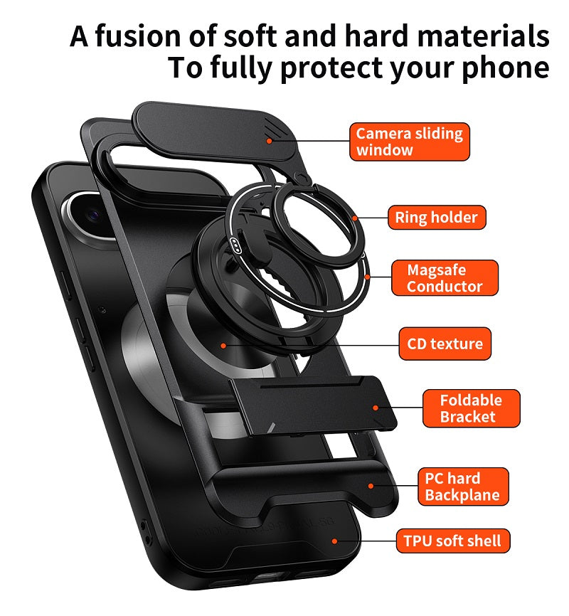 Luxury Slide Camera Lens Cover Case for Google Pixel 9 Pro XL, Built-in Ring Stand and Folding Stand Magnetic Protective Case