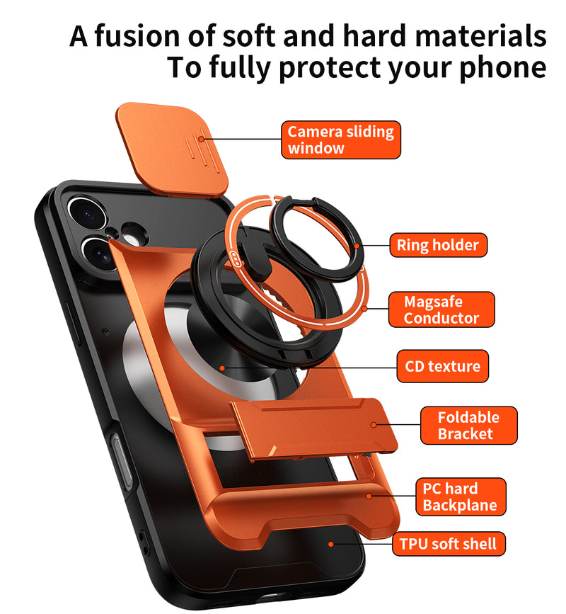 Luxury Slide Camera Lens Cover Case for iPhone 16 Plus, Built-in Ring Stand and Folding Stand Magnetic Protective Case