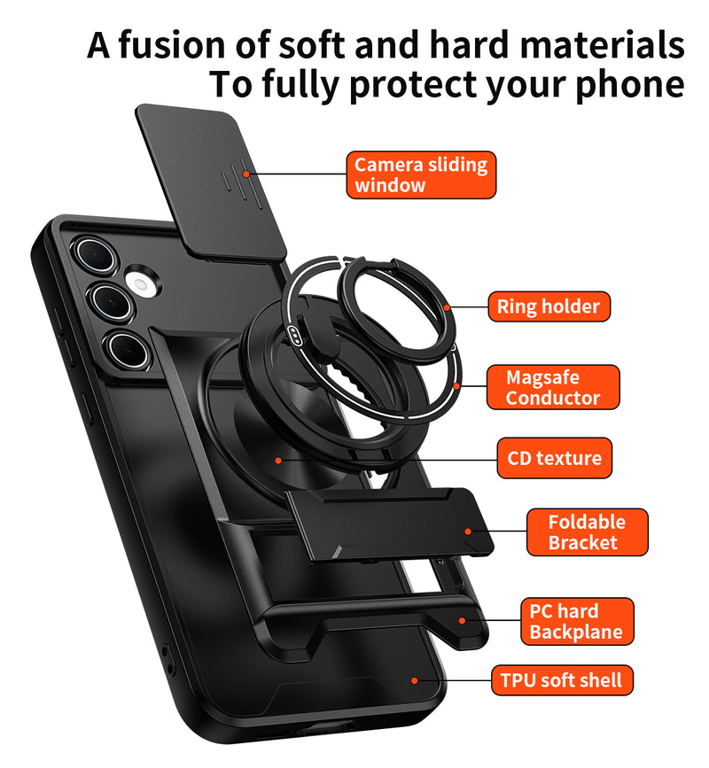 Luxury Slide Camera Lens Cover Case for Samsung Galaxy A55 5G, Built-in Ring Stand and Folding Stand Magnetic Protective Case