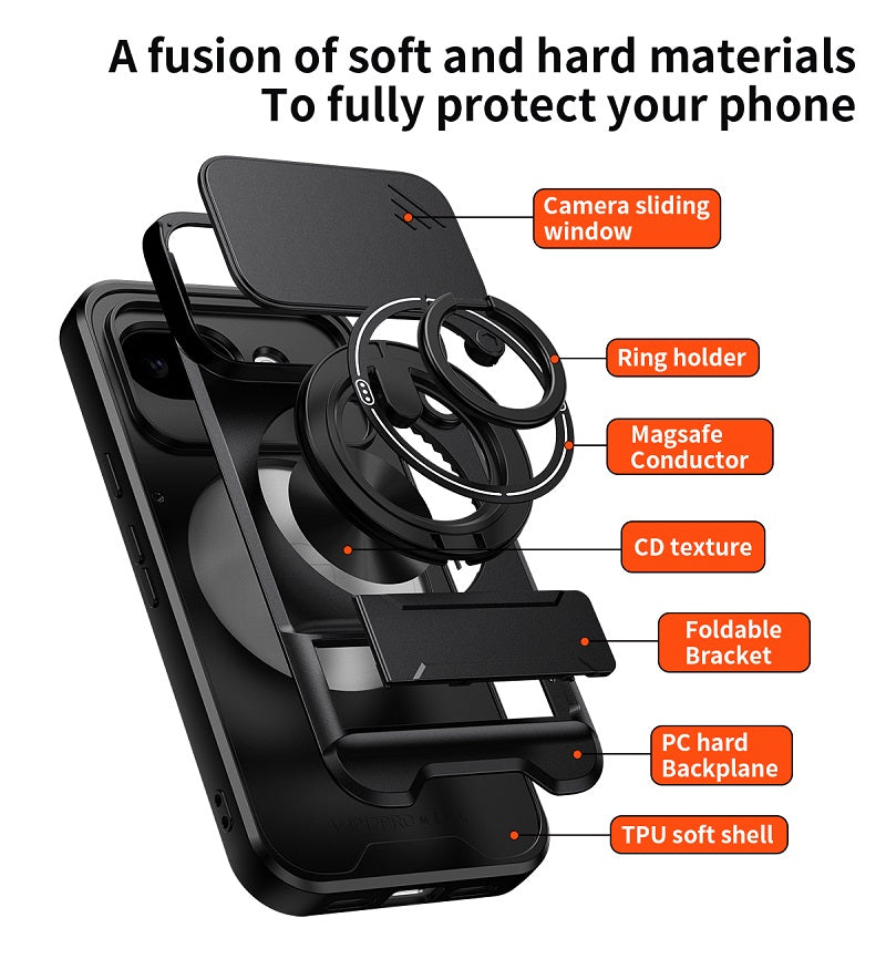 Luxury Slide Camera Lens Cover Case for Google Pixel 10A, Built-in Ring Stand and Folding Stand Magnetic Protective Case