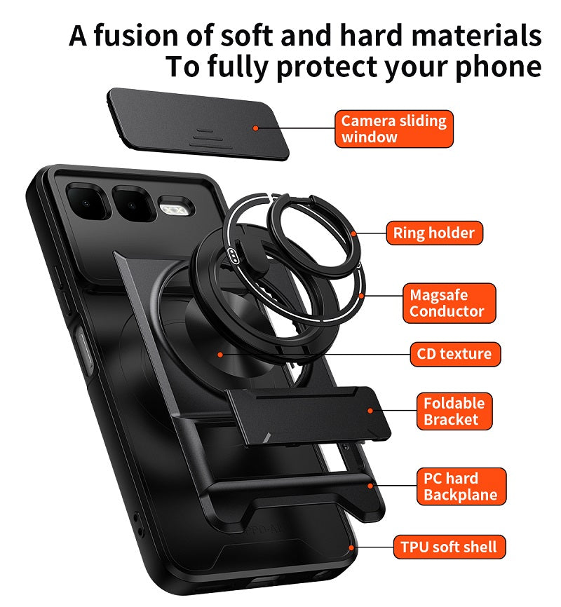 Luxury Slide Camera Lens Cover Case for Infinix Smart 10 Plus 4G, Built-in Ring Stand and Folding Stand Magnetic Protective Case
