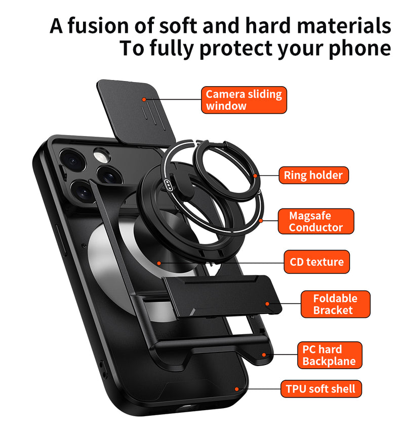 Luxury Slide Camera Lens Cover Case for iPhone 15 Pro, Built-in Ring Stand and Folding Stand Magnetic Protective Case