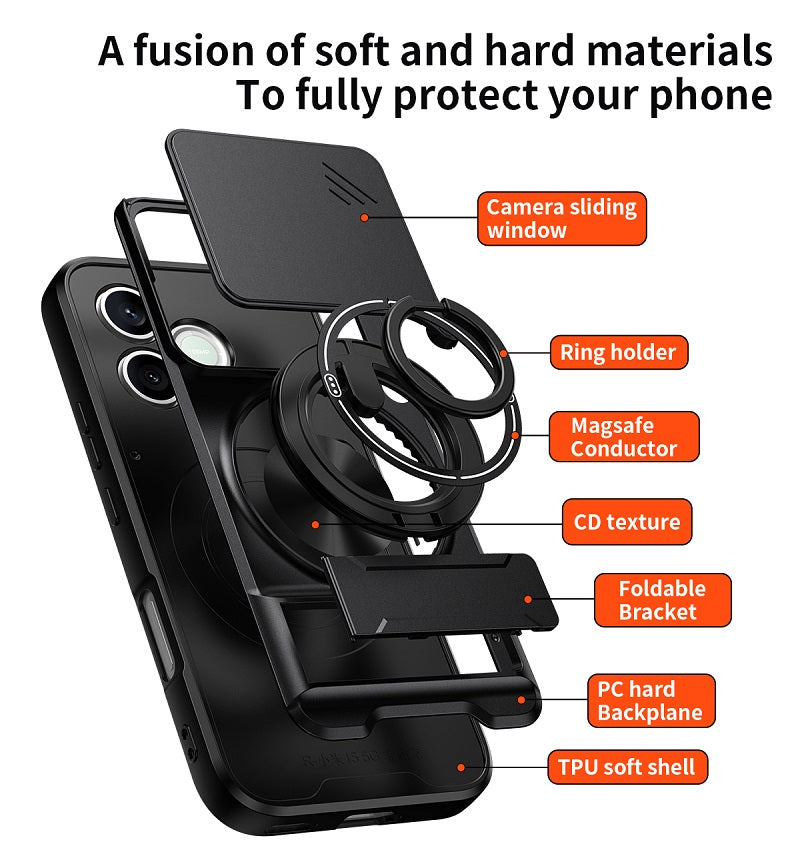 Luxury Slide Camera Lens Cover Case for Honor 600 Lite, Built-in Ring Stand and Folding Stand Magnetic Protective Case