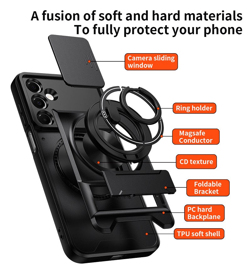 Luxury Slide Camera Lens Cover Case for Samsung Galaxy A16 5G/4G, Built-in Ring Stand and Folding Stand Magnetic Protective Case