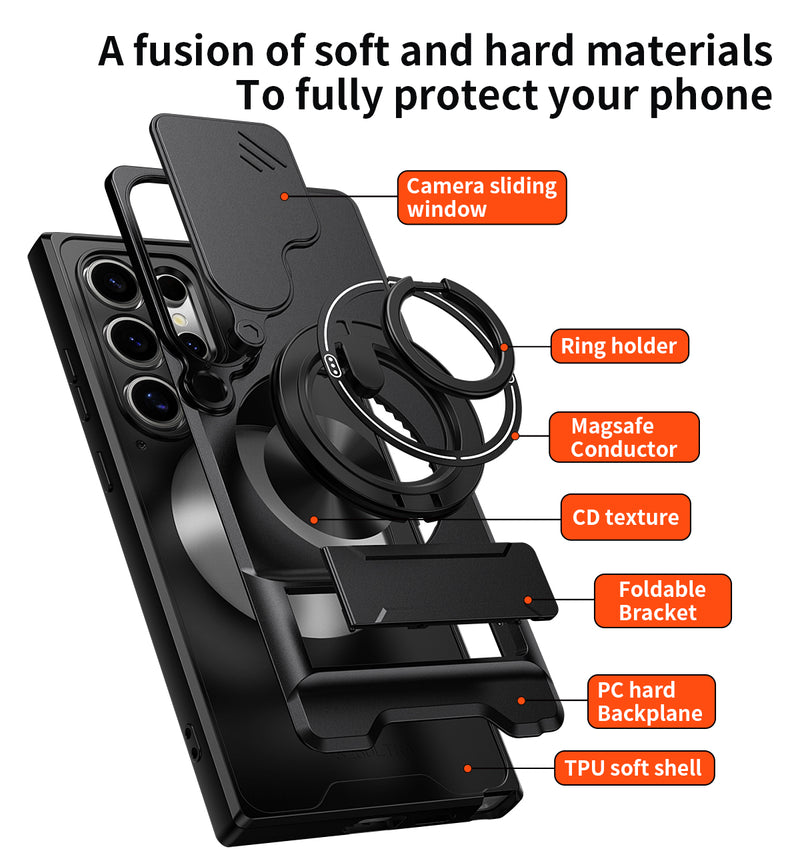 Luxury Slide Camera Lens Cover Case for Samsung Galaxy S24 Ultra, Built-in Ring Stand and Folding Stand Magnetic Protective Case