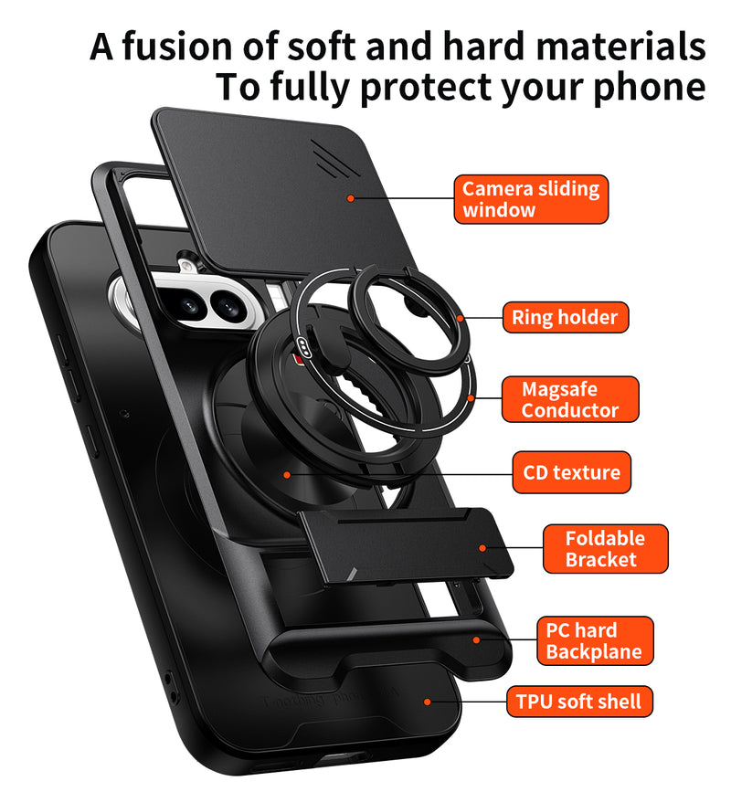Luxury Slide Camera Lens Cover Case for Nothing Phone (4a) 5G, Built-in Ring Stand and Folding Stand Magnetic Protective Case