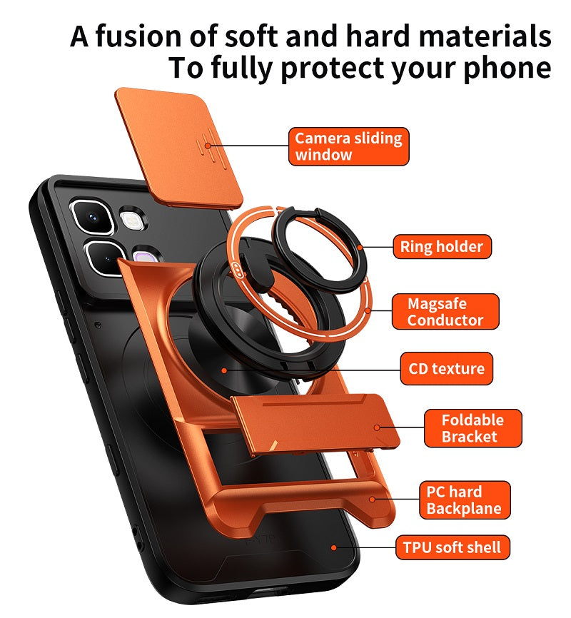 Luxury Slide Camera Lens Cover Case for Infinix Note Edge 5G, Built-in Ring Stand and Folding Stand Magnetic Protective Case