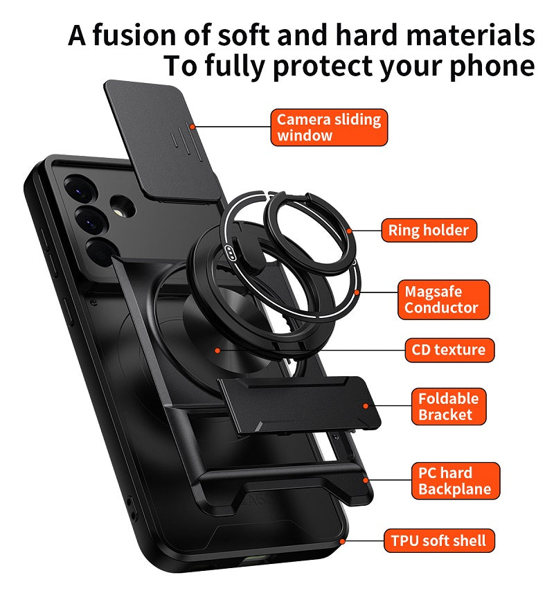 Luxury Slide Camera Lens Cover Case for Samsung Galaxy A56 5G, Built-in Ring Stand and Folding Stand Magnetic Protective Case