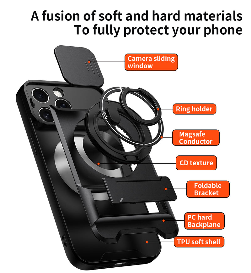 Luxury Slide Camera Lens Cover Case for iPhone 15 Pro Max, Built-in Ring Stand and Folding Stand Magnetic Protective Case