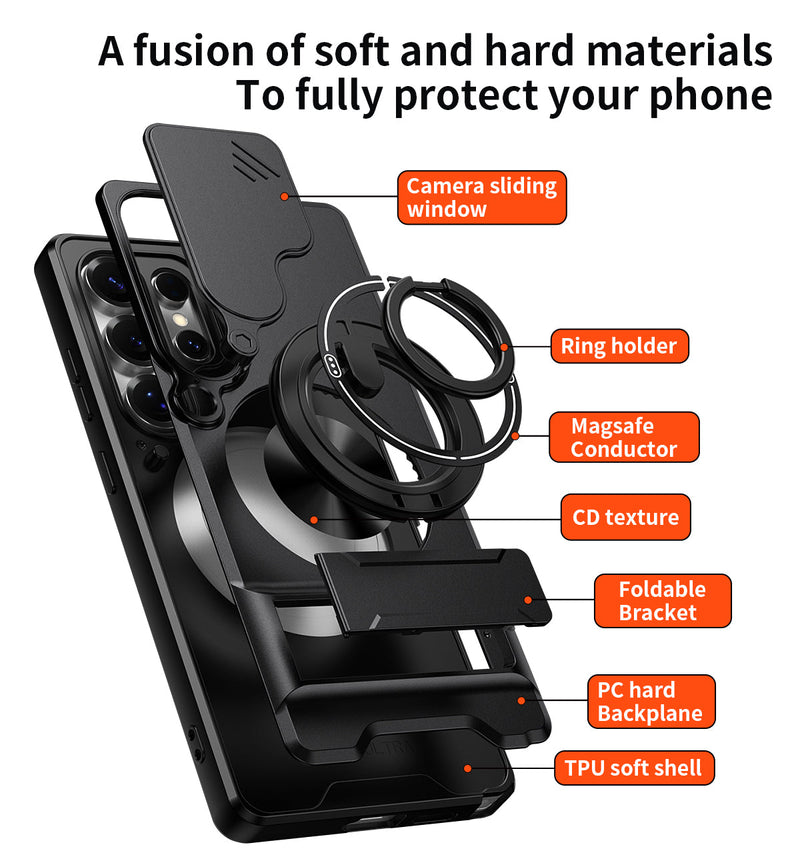 Luxury Slide Camera Lens Cover Case for Samsung Galaxy S25 Ultra, Built-in Ring Stand and Folding Stand Magnetic Protective Case