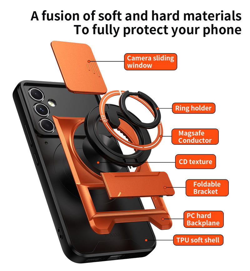 Luxury Slide Camera Lens Cover Case for Samsung Galaxy A54 5G, Built-in Ring Stand and Folding Stand Magnetic Protective Case