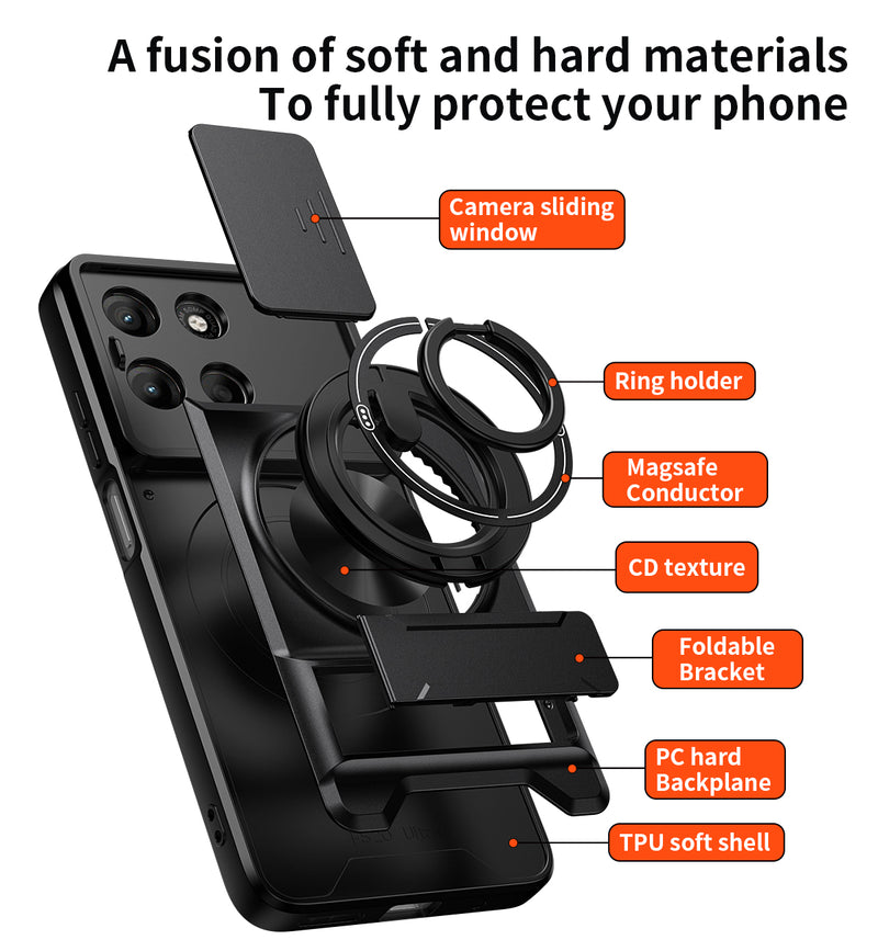 Luxury Slide Camera Lens Cover Case for Motorola Moto G15 4G, Built-in Ring Stand and Folding Stand Magnetic Protective Case