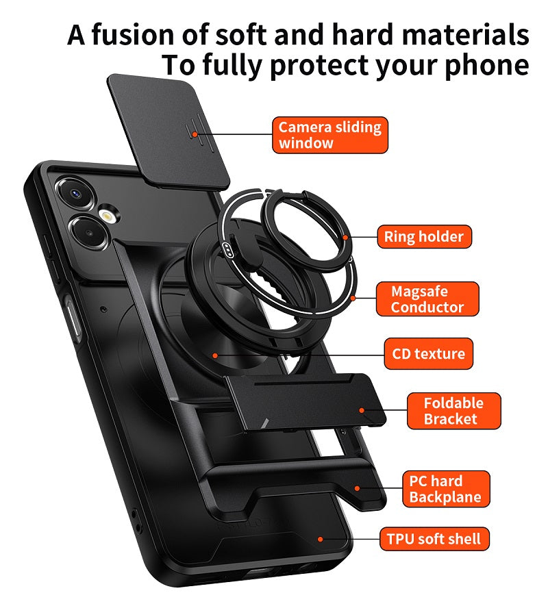 Luxury Slide Camera Lens Cover Case for Samsung Galaxy A06 5G/4G, Built-in Ring Stand and Folding Stand Magnetic Protective Case