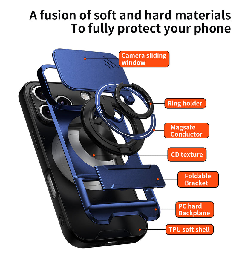 Luxury Slide Camera Lens Cover Case for iPhone 17 Pro, Built-in Ring Stand and Folding Stand Magnetic Protective Case