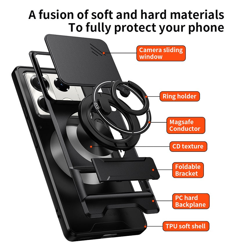 Luxury Slide Camera Lens Cover Case for Infinix Note 40 Pro 5G/4G, Built-in Ring Stand and Folding Stand Magnetic Protective Case