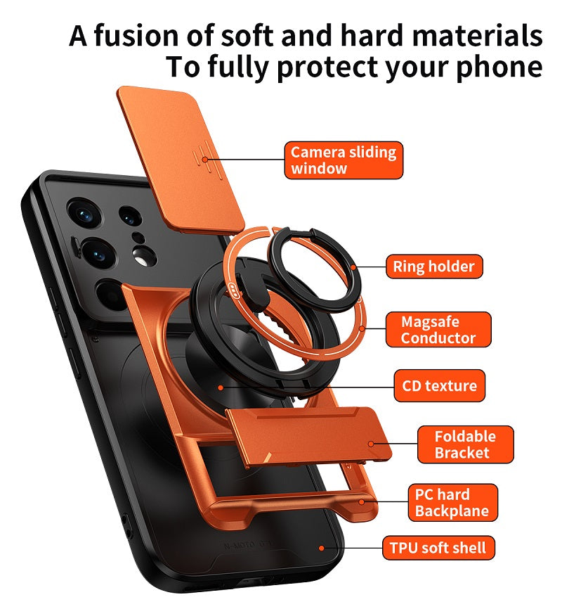 Luxury Slide Camera Lens Cover Case for Tecno Camon 50 Pro 4G, Built-in Ring Stand and Folding Stand Magnetic Protective Case
