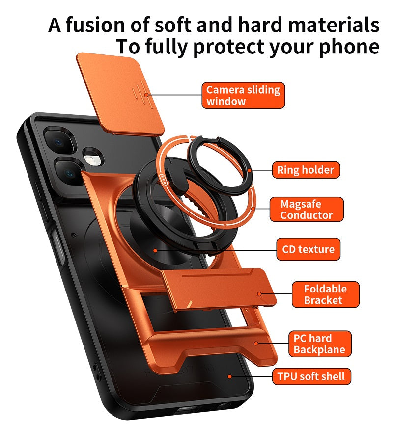 Luxury Slide Camera Lens Cover Case for Infinix Smart 20 4G, Built-in Ring Stand and Folding Stand Magnetic Protective Case