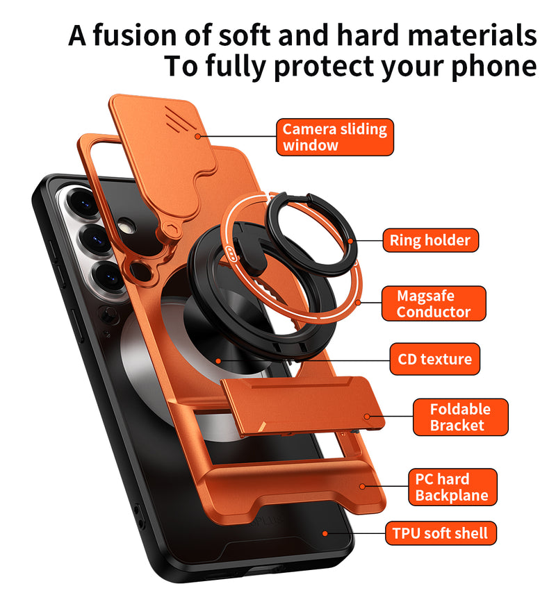 Luxury Slide Camera Lens Cover Case for Samsung Galaxy S26 Plus, Built-in Ring Stand and Folding Stand Magnetic Protective Case