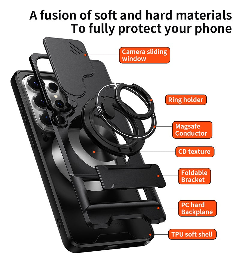 Luxury Slide Camera Lens Cover Case for Samsung Galaxy S26 Ultra, Built-in Ring Stand and Folding Stand Magnetic Protective Case