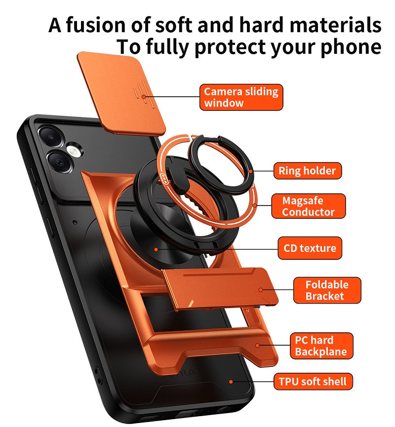 Luxury Slide Camera Lens Cover Case for Samsung Galaxy A05 4G, Built-in Ring Stand and Folding Stand Magnetic Protective Case