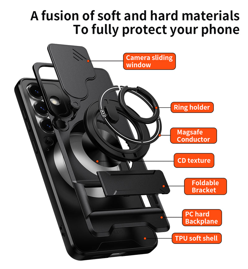 Luxury Slide Camera Lens Cover Case for Samsung Galaxy S25 Plus, Built-in Ring Stand and Folding Stand Magnetic Protective Case