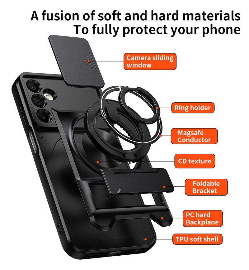 Luxury Slide Camera Lens Cover Case for Samsung Galaxy A15 5G/4G, Built-in Ring Stand and Folding Stand Magnetic Protective Case