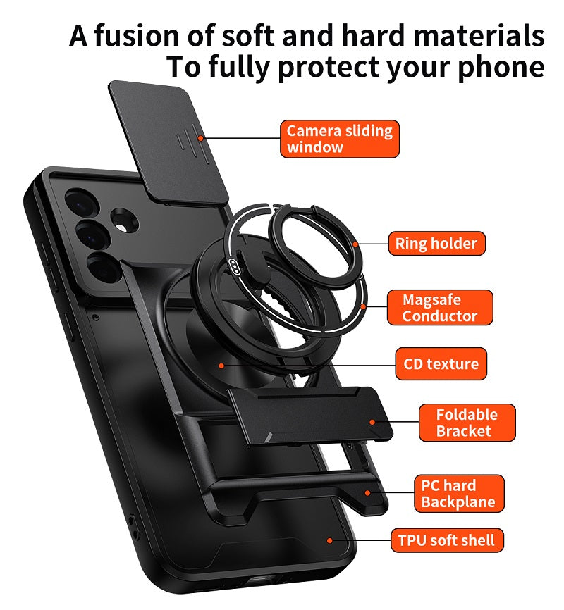 Luxury Slide Camera Lens Cover Case for Samsung Galaxy A36 5G, Built-in Ring Stand and Folding Stand Magnetic Protective Case