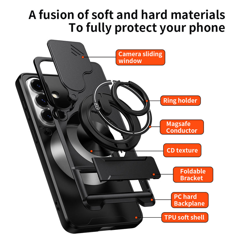 Luxury Slide Camera Lens Cover Case for Samsung Galaxy S26, Built-in Ring Stand and Folding Stand Magnetic Protective Case