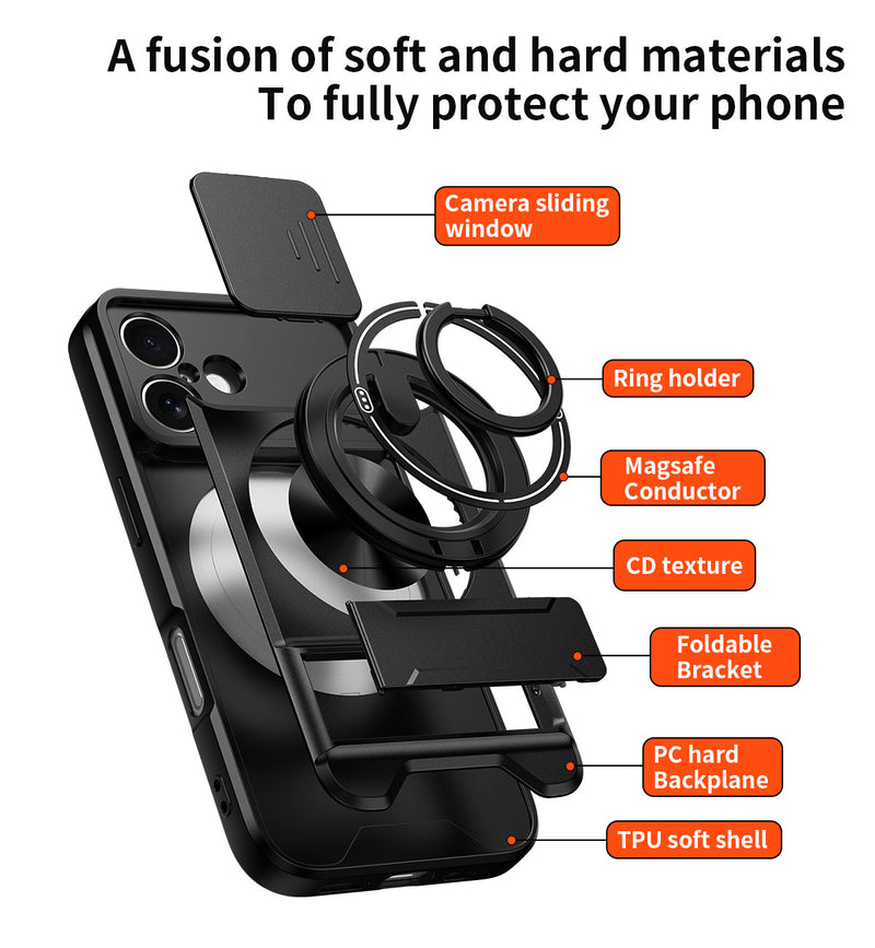Luxury Slide Camera Lens Cover Case for iPhone 16, Built-in Ring Stand and Folding Stand Magnetic Protective Case