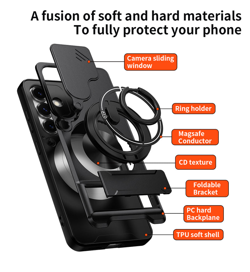 Luxury Slide Camera Lens Cover Case for Samsung Galaxy S25, Built-in Ring Stand and Folding Stand Magnetic Protective Case