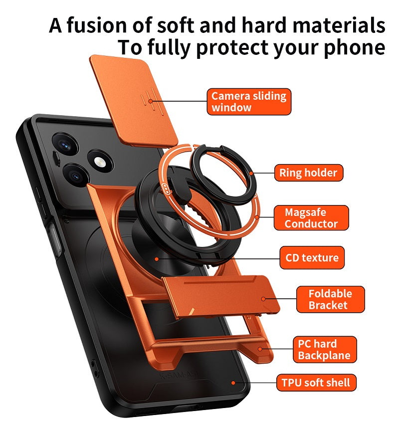 Luxury Slide Camera Lens Cover Case for Honor X8D, Built-in Ring Stand and Folding Stand Magnetic Protective Case