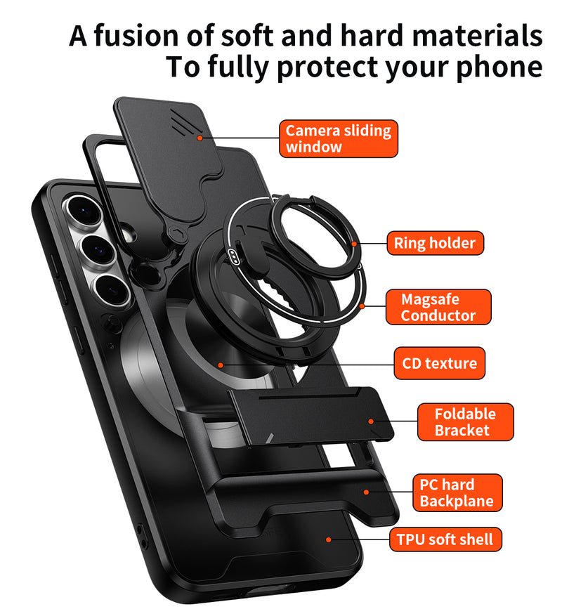 Luxury Slide Camera Lens Cover Case for Samsung Galaxy S24 FE, Built-in Ring Stand and Folding Stand Magnetic Protective Case