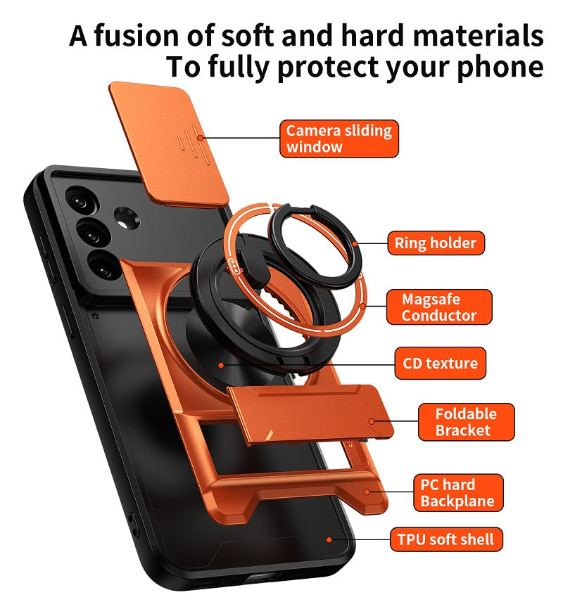 Luxury Slide Camera Lens Cover Case for Samsung Galaxy A57 A37 5G, Built-in Ring Stand and Folding Stand Magnetic Protective Case