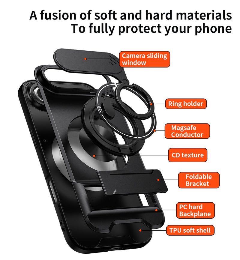 Luxury Slide Camera Lens Cover Case for iPhone 17 Air, Built-in Ring Stand and Folding Stand Magnetic Protective Case
