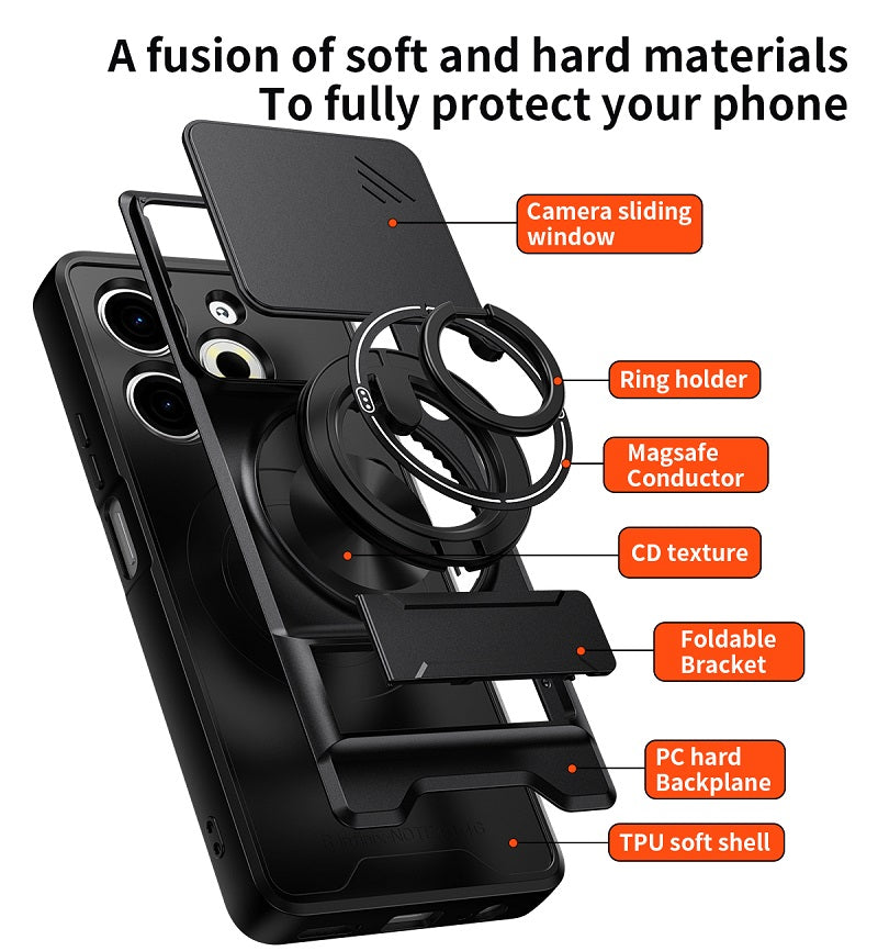 Luxury Slide Camera Lens Cover Case for Tecno Pova 6 Neo 4G, Built-in Ring Stand and Folding Stand Magnetic Protective Case